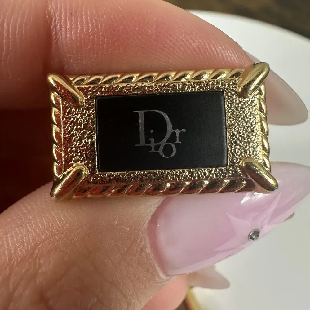 Christian Dior Cufflinks Mens Gold Tone Black Enamel Logo Rectangular Locking